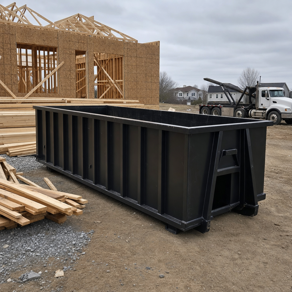 Matte-black 40-yard roll-off dumpster staged on a framed-out residential construction site in Bentonville, framing lumber stacked nearby, hooklift delivery truck visible in the background under bright Colorado daylight
