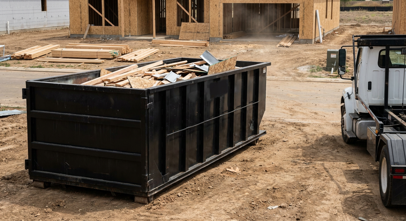 Matte-black 20-yard roll-off construction dumpster with heavy ribbed steel sidewalls and swing rear doors at a working jobsite in Bentonville, sitting directly on compacted dirt with an unmarked white hauler partially visible at the far edge of the frame.