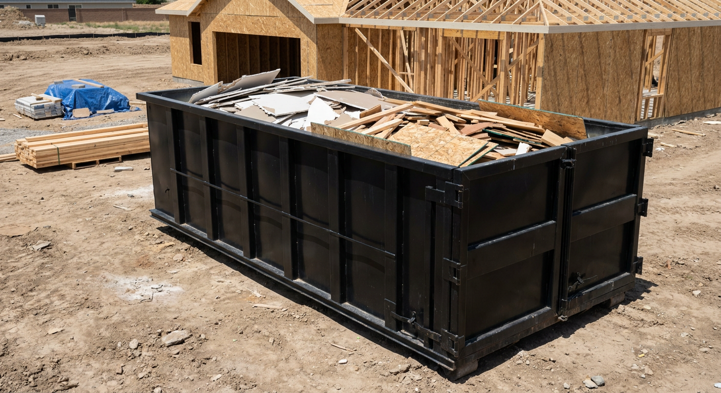 Matte-black 30-yard roll-off construction dumpster sitting directly on the compacted-dirt site of a framed single-family home build in Bentonville, drywall and lumber scrap loaded inside.