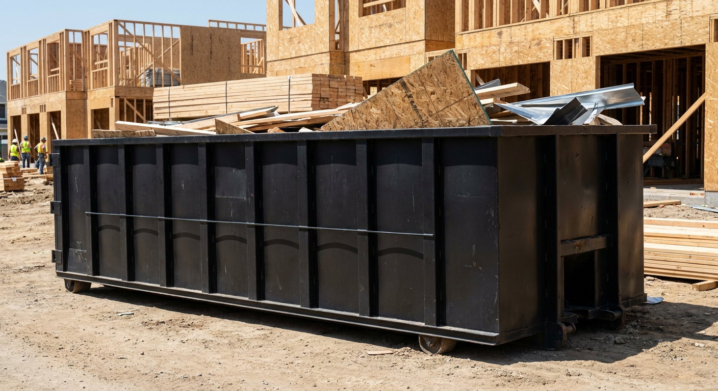Matte-black 40-yard roll-off construction dumpster being lowered from a white-cab hooklift delivery truck onto the compacted-dirt jobsite at a commercial build site in Bentonville