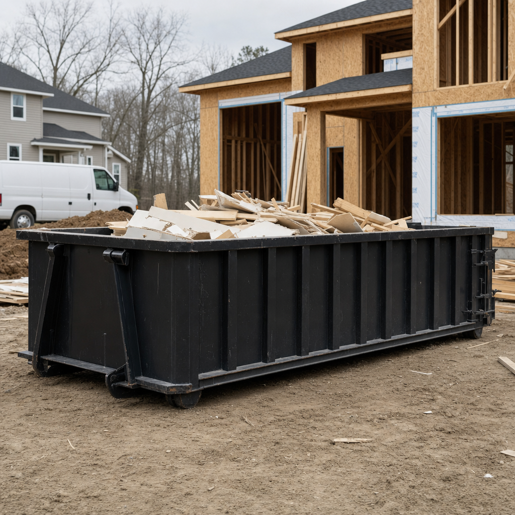 Worker in a yellow high-visibility vest tossing framing lumber and broken drywall into a matte-black 30-yard construction roll-off dumpster on an active build site in Bentonville, bright daylight