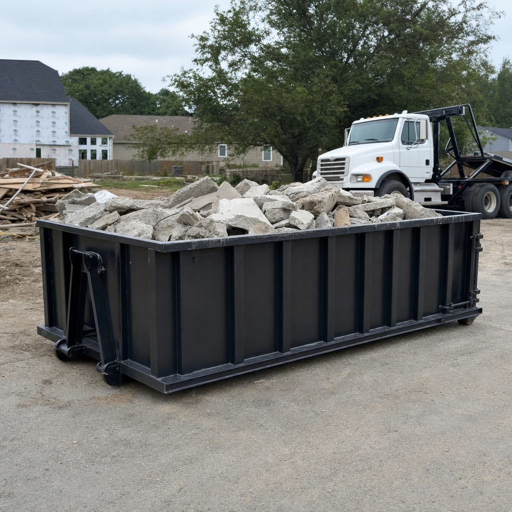 Low-profile matte-black lowboy roll-off dumpster loaded with broken concrete slab and rebar at a foundation tear-out in Bentonville, skid steer parked beside it, sunny Colorado morning