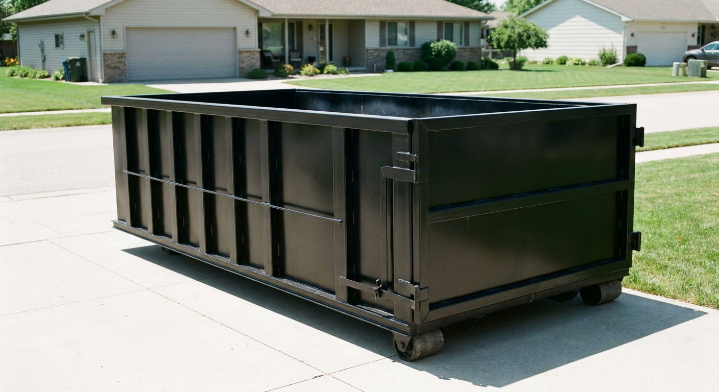 Matte-black 10-yard roll-off dumpster on a residential concrete driveway in Bentonville, uniformly painted matte black across every panel and rail, ribbed steel sidewalls and rear swing door visible, mid-day daylight.