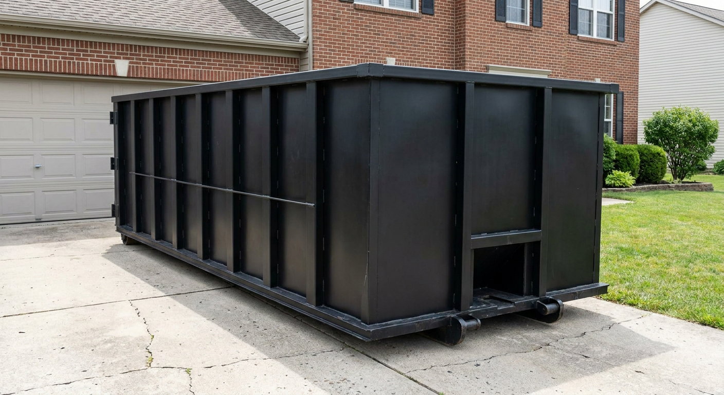 Matte-black 20-yard roll-off container on a Bentonville residential concrete driveway with reinforced ribbed steel sidewalls and a hinged rear walk-in door, clean bright daylight.