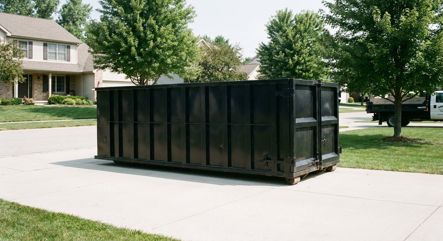 Matte-black 20-yard roll-off dumpster sitting level on a clean Bentonville residential concrete driveway under bright daylight, demonstrating clean placement directly on the concrete.