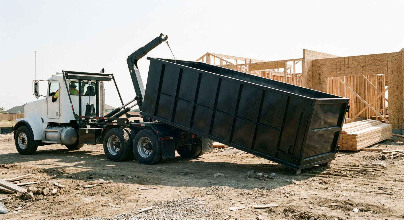 Matte-black roll-off dumpster being delivered onto a clean residential concrete driveway in Bentonville by an unmarked white hooklift hauler truck, bright morning daylight, documentary 35mm perspective.