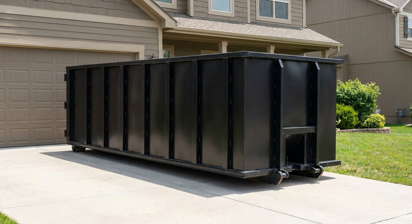 Matte-black residential roll-off dumpster sitting directly on a suburban Bentonville concrete driveway, garage door closed, single-family home in background, bright morning daylight.