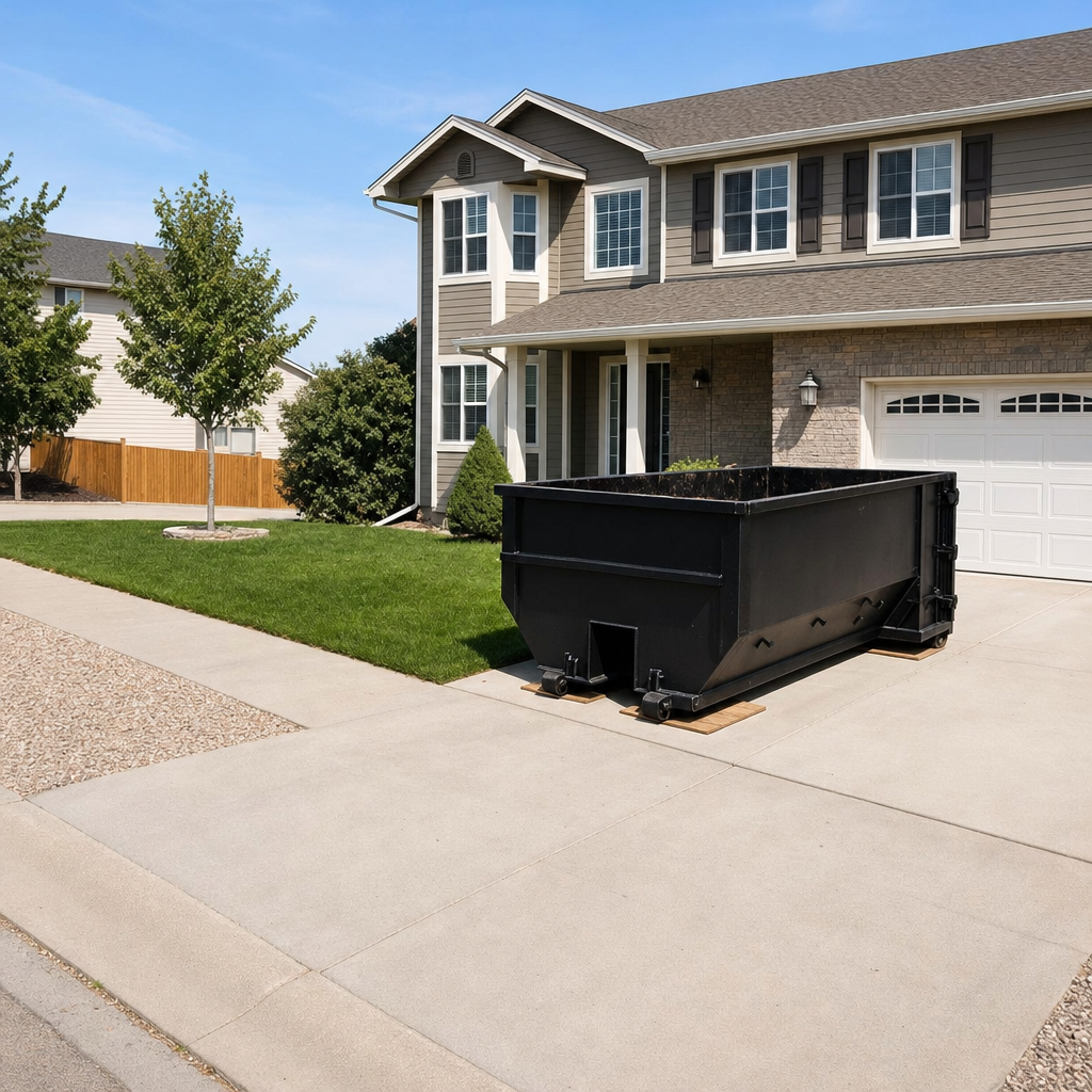 10-yard matte-black residential dumpster placed directly on a narrow Bentonville concrete driveway, room remains for a parked sedan beside it, mid-morning natural light