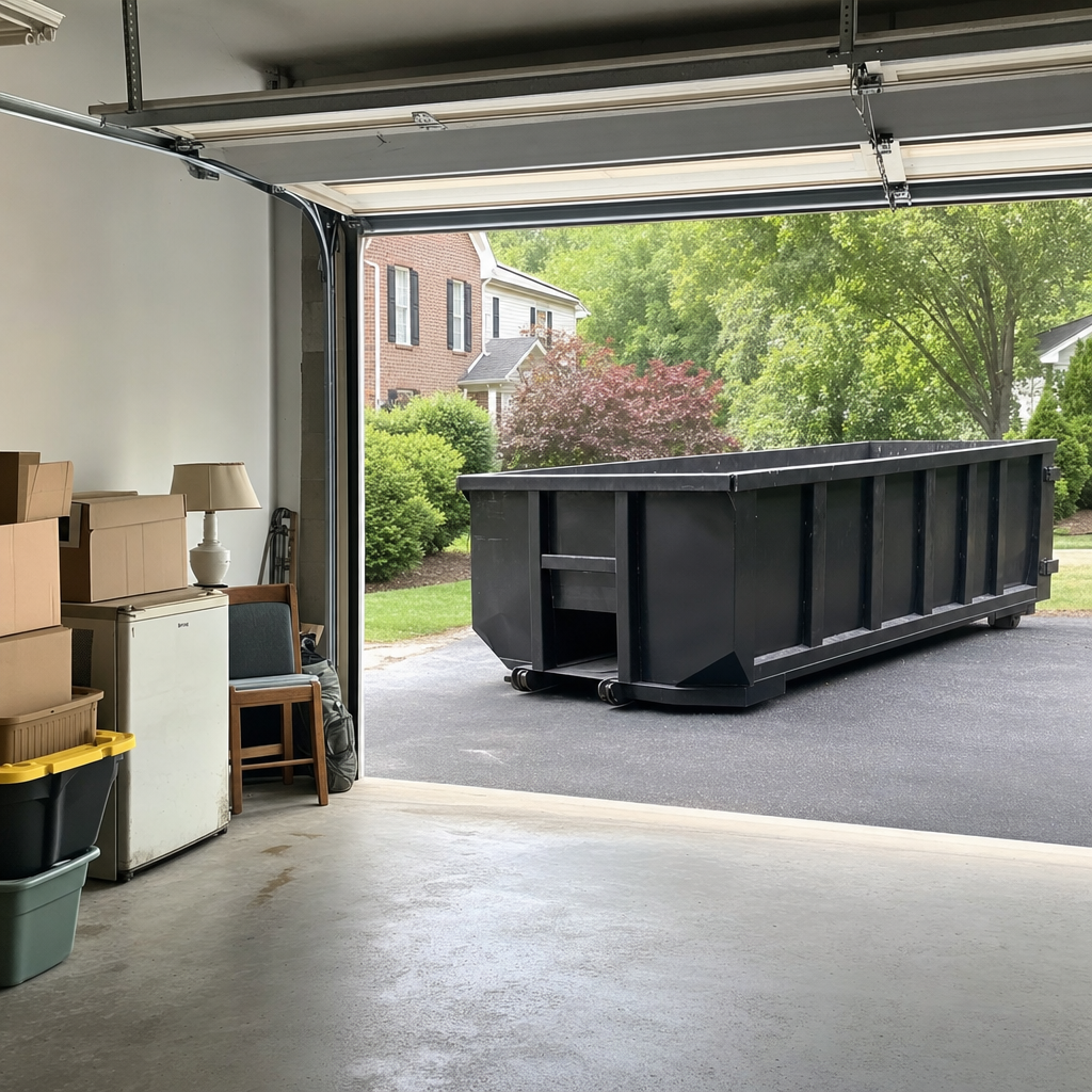 Open garage interior in a Bentonville home mid-cleanout — boxed items, an old appliance, and stacked yard tools queued near the driveway for a matte-black roll-off dumpster, organized and calm