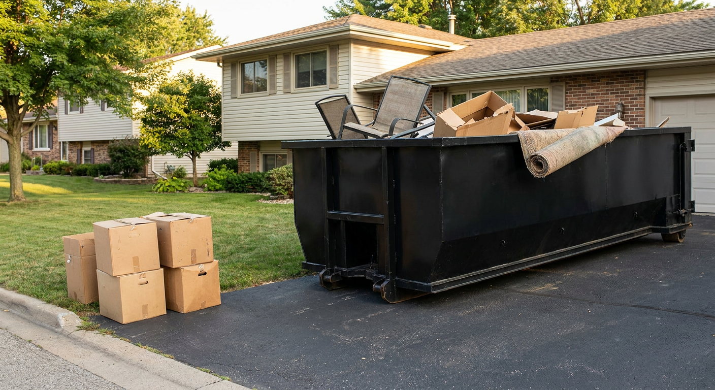 Front-yard view of a Bentonville split-level home with a 20-yard matte-black roll-off dumpster sitting directly on the asphalt driveway, a few clearly labeled donation boxes staged at the curb, calm sunny afternoon.