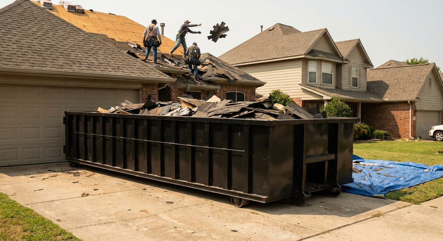Matte-black roofing roll-off dumpster placed directly on a Bentonville residential concrete driveway, a tear-off crew on a two-story asphalt-shingle roof tossing shingle bundles into the low-walled container, bright daylight, documentary 35mm perspective.