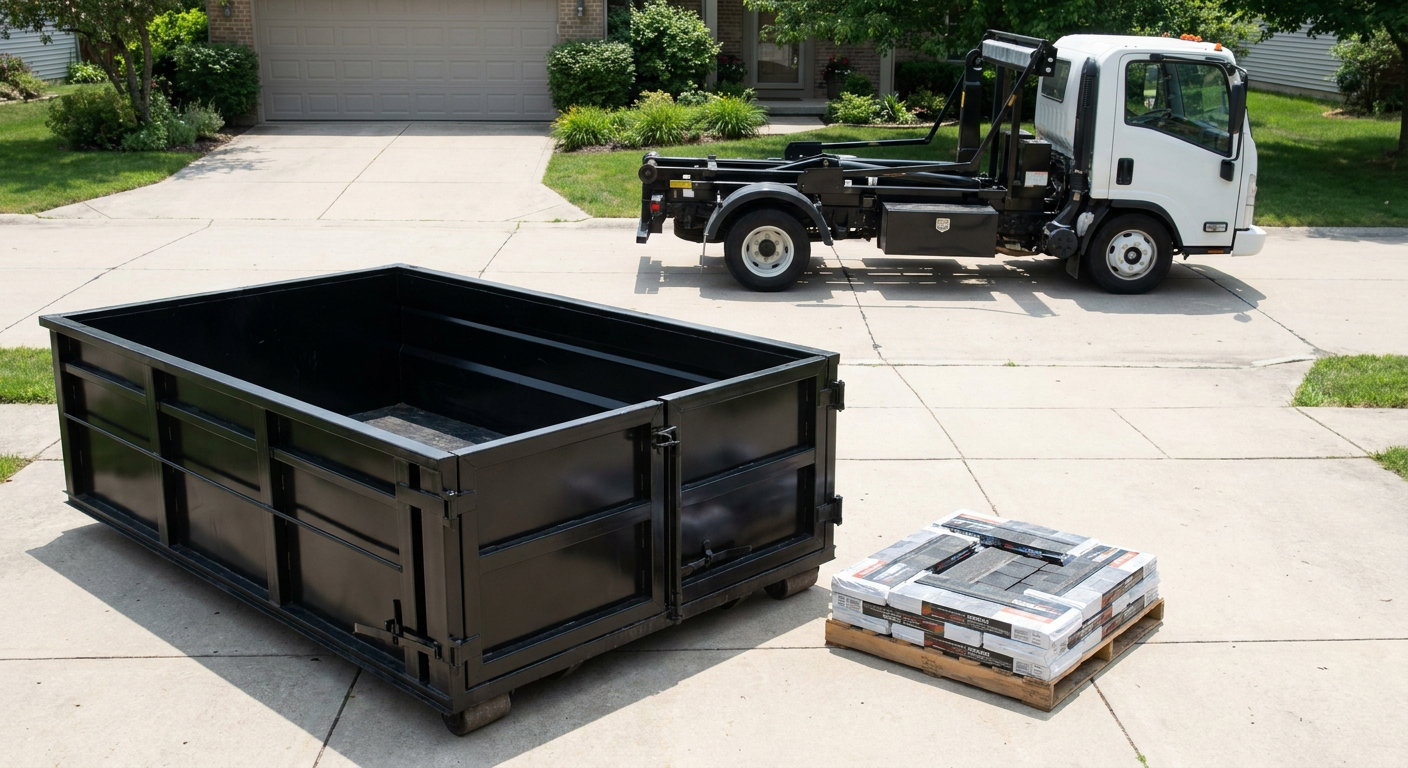 Matte-black 15-yard roofing roll-off dumpster with reinforced low side walls sitting directly on a Bentonville residential concrete driveway, three-tab asphalt shingle bundles stacked nearby, an unmarked white hauler truck partially visible at the edge of the frame.