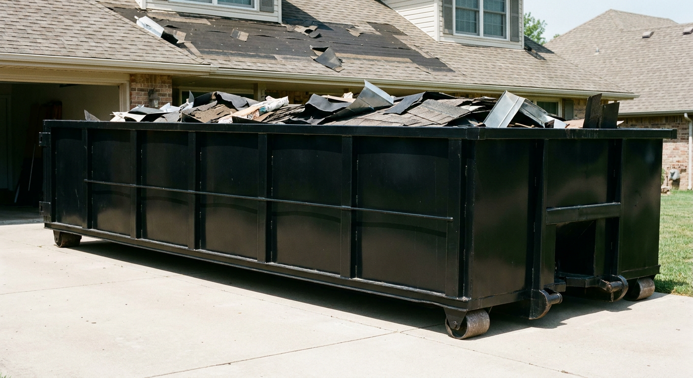 Matte-black 20-yard roofing roll-off dumpster with steel ribbed sides and swinging rear door, sitting directly on the concrete driveway of a two-story Bentonville home, asphalt shingle debris being loaded over the low wall, clean documentary lighting.