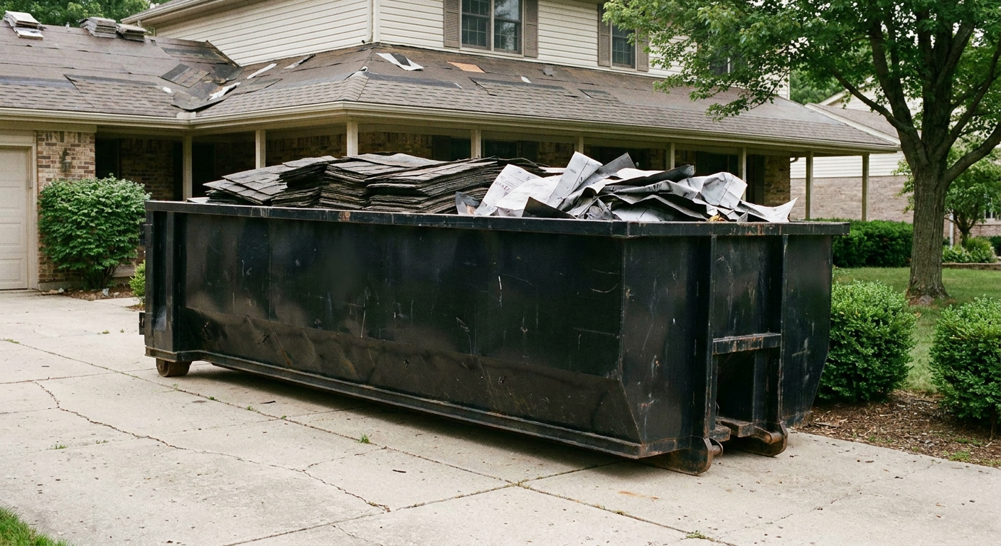 Matte-black 30-yard roofing roll-off dumpster sitting directly on a Bentonville concrete driveway, taller ribbed steel side panels, mixed tear-off debris of asphalt shingles and underlayment inside, professional documentary daylight.