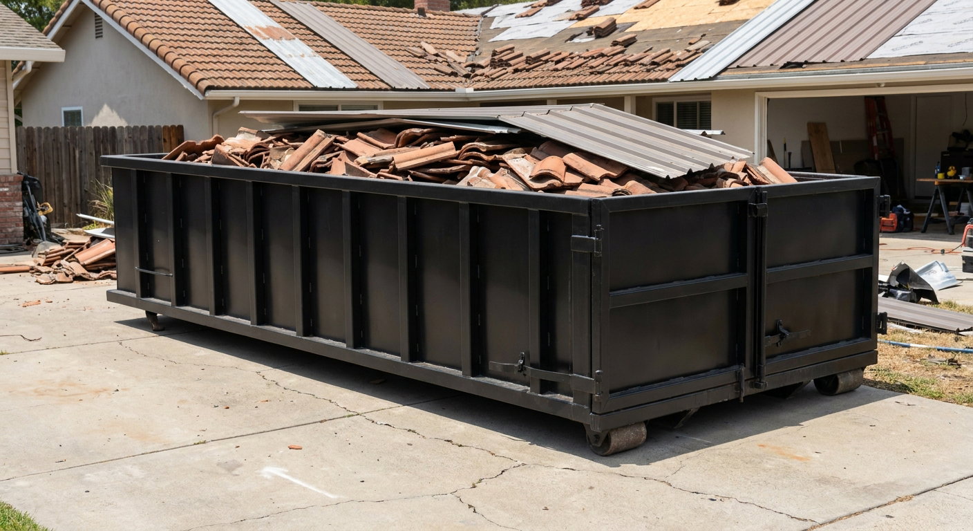 Matte-black low-wall heavy-debris roofing roll-off dumpster sitting directly on a Bentonville concrete driveway, broken concrete clay roof tiles and metal panel sections loaded inside, reinforced ribbed steel side walls visible, bright outdoor daylight.