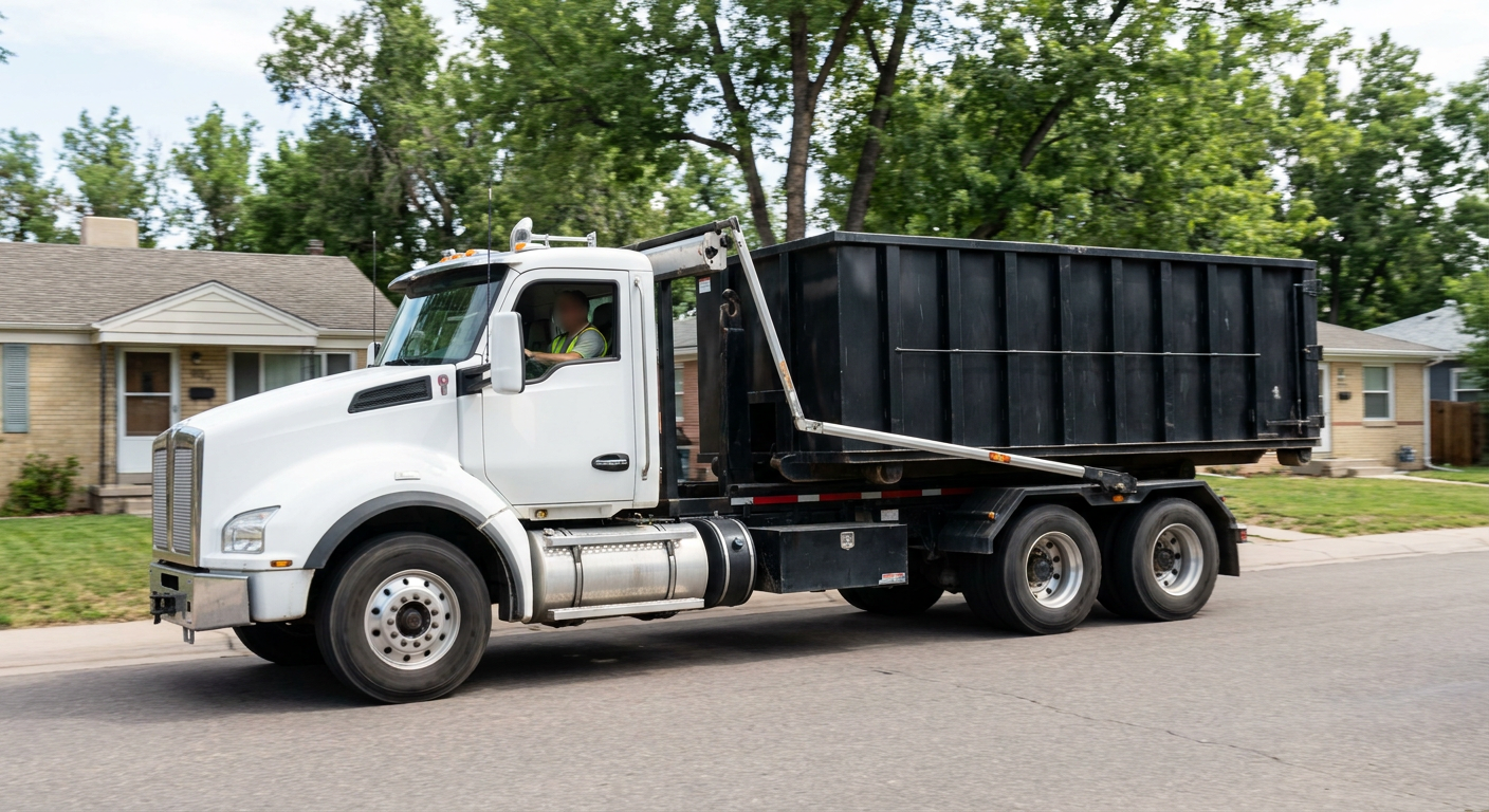 A wide documentary shot of a matte-black roll-off delivery truck pulling onto a quiet Bentonville residential street at mid-morning, with neighborhood rooftops and tree-lined blocks visible behind, showing the metro coverage footprint.