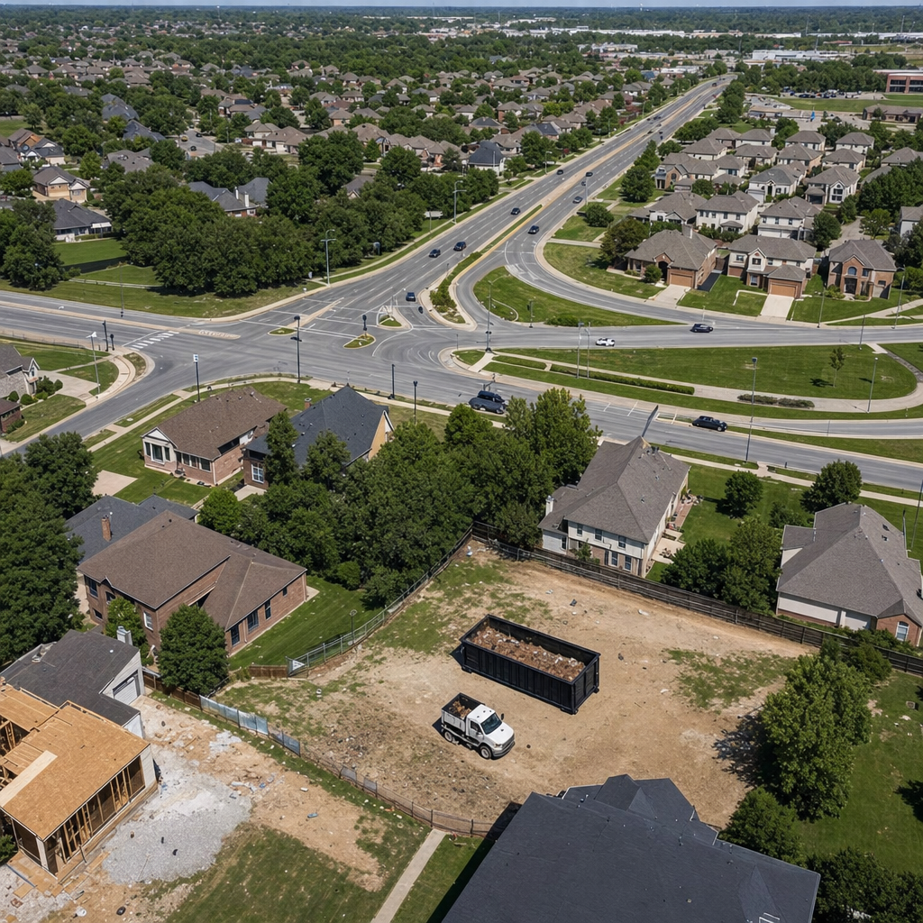 An overhead documentary view of the Bentonville metro area at midday, showing the spread of neighborhoods, arterial roads, and the dispatch radius from a central yard — clean daylight, organized geographic layout.