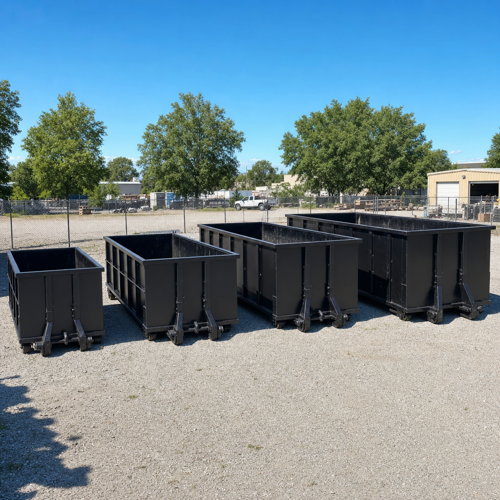 A clean lineup of matte-black roll-off dumpsters in 10, 20, 30, and 40-yard sizes staged on a sunlit gravel yard in Bentonville, showing the size progression from compact to commercial-scale containers.