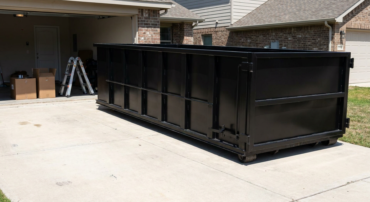 A matte-black 10-yard roll-off dumpster sitting directly on a residential Bentonville concrete driveway, mid-day sunlight, clean and ready for a garage cleanout.