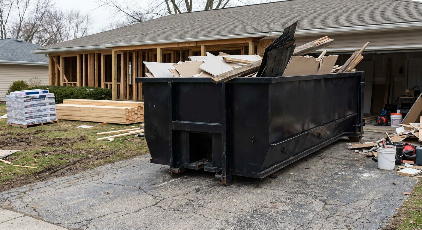 A matte-black 20-yard roll-off dumpster placed alongside a mid-renovation Bentonville home directly on the asphalt driveway, with framing materials and torn-off shingles staged neatly nearby.