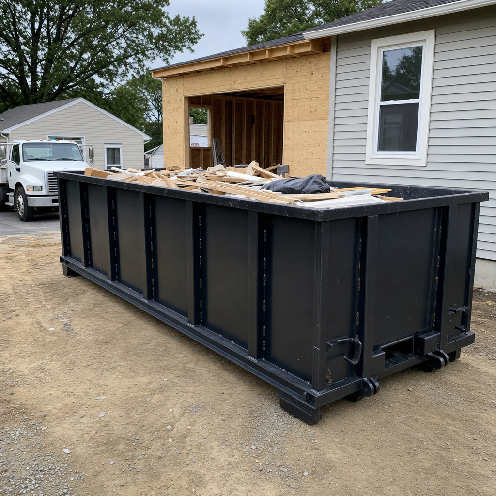 A matte-black 30-yard roll-off dumpster positioned at a Bentonville residential addition jobsite, with framing lumber and drywall scraps loaded through the open swinging rear doors.