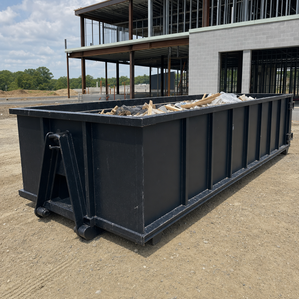 A matte-black 40-yard roll-off dumpster staged on a large Bentonville commercial construction lot, with a hooklift delivery truck parked alongside under bright midday sky.