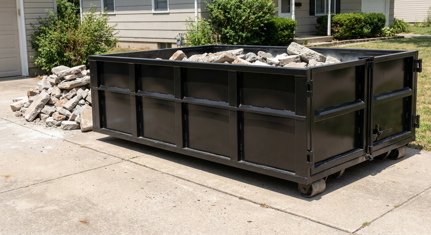 A matte-black low-side heavy-debris roll-off dumpster placed directly on a Bentonville concrete driveway, with broken concrete chunks neatly stacked beside it under clean daylight.